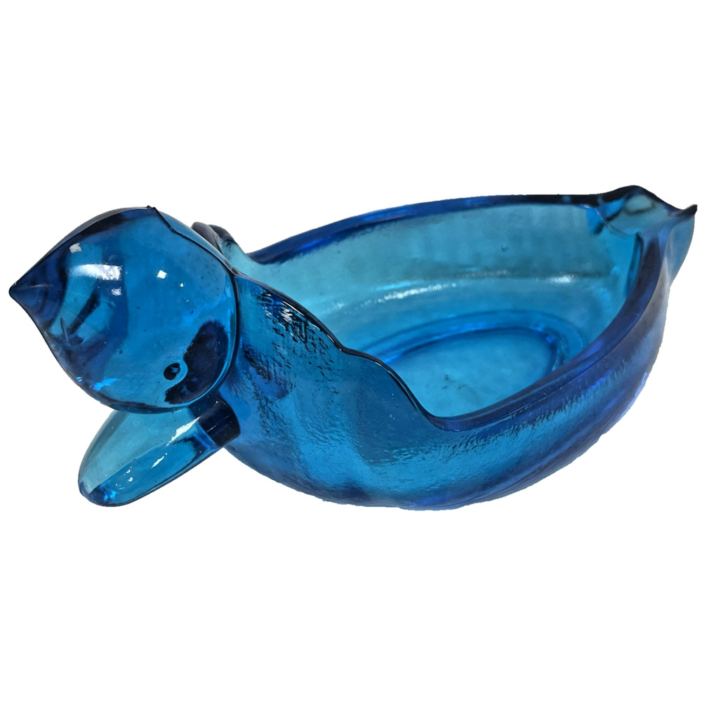 Vintage Tiara Indiana Glass Blue Duck Ashtray MCM Art Glass Trinket Dish 9"